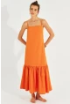 Kadın Turuncu Eteği Volanlı Askılı Midi Elbise MEN2001
