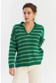 Kadın Yeşil-Gri Polo Yaka Çizgili Triko Kazak COL01