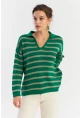 Kadın Yeşil-Gri Polo Yaka Çizgili Triko Kazak COL01
