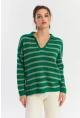 Kadın Yeşil-Gri Polo Yaka Çizgili Triko Kazak COL01