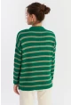 Kadın Yeşil-Gri Polo Yaka Çizgili Triko Kazak COL01