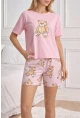 Ayıcık Baskılı Şortlu Kadın Pijama Takımı Pembe
