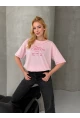 Baskılı Oversize Kadın Tişört Pembe