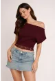 Bordo Tek Omuz Drapeli Dantel Detaylı Kadın Bluz