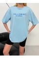 Born To Dominate Baskılı Oversize Kadın Tişört – Açık Mavi