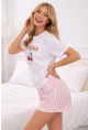 Cherry Baskılı Çizgili Şortlu Kadın Pijama Takımı – Beyaz/Pembe