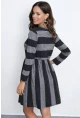 Çizgi Desenli Bisiklet Yaka Uzun Kollu Günlük Elbise – Gri Siyah