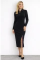 Fermuar Yaka Uzun Kollu Yırtmaç Detaylı Siyah Midi Elbise