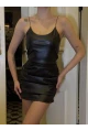 Kadın Askılı Siyah Deri Mini Elbise