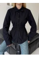 Kadın Bel Büzgülü Uzun Kollu Siyah Gömlek
