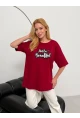 Kadın Bordo Baskılı Oversize T-Shirt