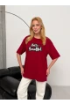 Kadın Bordo Baskılı Oversize T-Shirt
