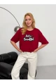 Kadın Bordo Baskılı Oversize T-Shirt