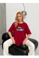 Kadın Bordo Baskılı Oversize T-Shirt