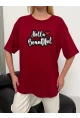 Kadın Bordo Baskılı Oversize T-Shirt