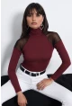 Kadın Bordo Omuzları Tül Bluz TZ2075