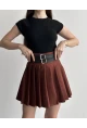 Kadın Çift Kemerli Şortlu Pileli Etek Kahve