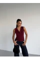 Kadın Degaje Yaka Kolsuz Bluz Bordo