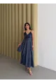 Kadın Ekose Dantelli Sırt Gipeli Elbise Mavi