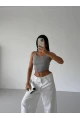 Kadın Gri Kaşkorse Crop Bluz