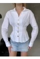 Kadın Korse Detaylı Gold Düğmeli Beyaz Gömlek