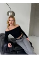 Kadın Madonna Yaka Düğme Detaylı Fitilli Crop Bluz Siyah
