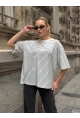 Kadın Oversize Çizgili Tişört Beyaz