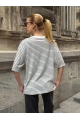 Kadın Oversize Çizgili Tişört Beyaz