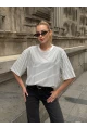 Kadın Oversize Çizgili Tişört Beyaz