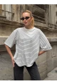 Kadın Oversize Çizgili Tişört Beyaz