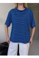 Kadın Oversize Çizgili Tişört Lacivert