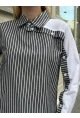 Kadın Siyah Çizgili Kol Asimetrik Düğme Detaylı Gömlek