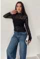 Kadın Transparan Çiçek Desenli Dantel Bluz