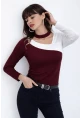 Kadın Yaka Asimetrik Renk Bloklu Bluz Bordo