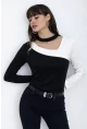 Kadın Yaka Asimetrik Renk Bloklu Bluz Siyah