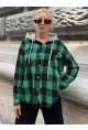 Kadın Yeşil Kapüşonlu Oversize Cepli Düğmeli Ekose Gömlek Ceket