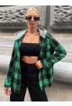 Kadın Yeşil Kapüşonlu Oversize Cepli Düğmeli Ekose Gömlek Ceket