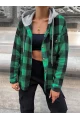 Kadın Yeşil Kapüşonlu Oversize Cepli Düğmeli Ekose Gömlek Ceket