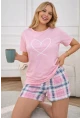 Kalp Baskılı Ekose Şortlu Kadın Pijama Takımı Pembe