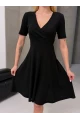 Kruvaze V Yaka Kısa Kollu Kloş Elbise Siyah