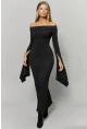 Madonna Yaka Yırtmaç Kollu Uzun Siyah Elbise