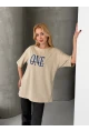 ONE Yazı Baskılı Oversize Kadın Tişört Bej
