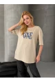 ONE Yazı Baskılı Oversize Kadın Tişört Bej