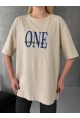 ONE Yazı Baskılı Oversize Kadın Tişört Bej