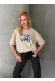 ONE Yazı Baskılı Oversize Kadın Tişört Bej