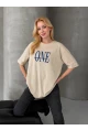 ONE Yazı Baskılı Oversize Kadın Tişört Bej