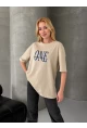 ONE Yazı Baskılı Oversize Kadın Tişört Bej