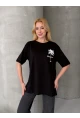 Palmiye Baskılı Sırt Baskı Detay Oversize Kadın Tişört – Siyah