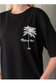 Palmiye Baskılı Sırt Baskı Detay Oversize Kadın Tişört – Siyah