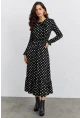 Puantiye Desenli Bağlama Detaylı Uzun Kol Midi Elbise – Siyah